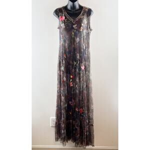 Johnny Was Nyah Sheer Sleeveless Floral Embroidered Mesh Maxi Dress Black Small